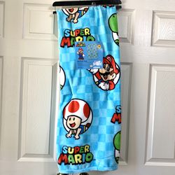 NWT Nintendo Super Mario Soft Plush Throw Blanket 50”x70” Luigi Toad Yoshi Blue 