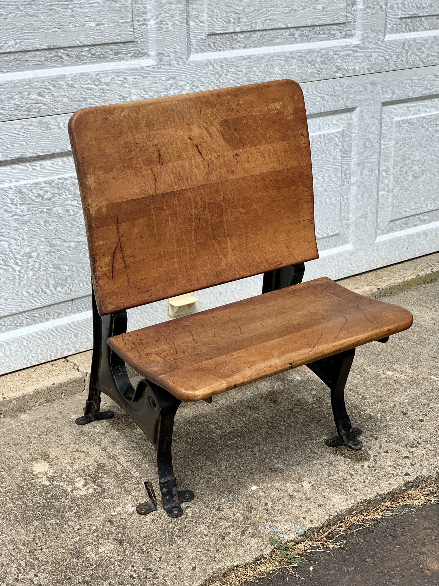 Antique Child’s Desk Chair, wood and metal, 25.5”h x 18”w x 21”d, one shoe has broken along a seam (see photos) but is repairable with epoxy or simila