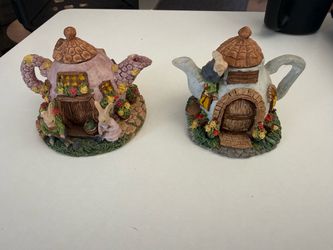 Pair of Enchanted Miniatures Rabbit Teapot Cottage Figurines