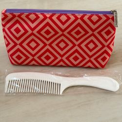 Clinique Coral Pink Red Geometric Cosmetic Makeup Bag Purple Zipper & Comb Set