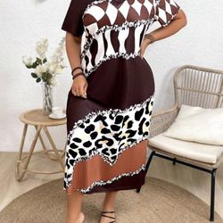 Brown And White Printed Maxi Length Dress