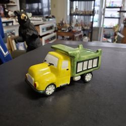 Vintage Dump Truck Child's Coin Bank, Green & Yellow Glazed Ceramic By Andrea By Sadek- For A Child's Room 6"L X 3.25"H X 2.75"W