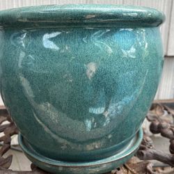 🪴Teal Ceramic Garden Pot w/ Attached Tray🪴