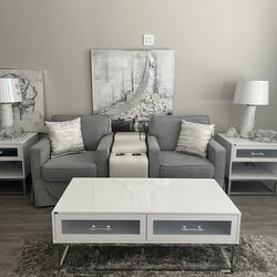 Coffee table and end tables, chairs, lamp, shades, and