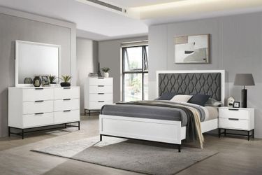 Brand New Modern & Sleek White King bedroom set features grey padded headboard
