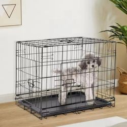 24 Inch Dog Cage With Double Door Folding Metal Plastic Leak Proof Pan Tray