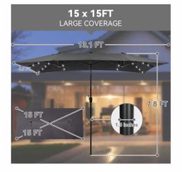 T) 15×15ft Outdoor Patio Umbrella, Double Sided Market Rectangle Umbrella with Crank Handle, Large Sun Shade for Outside Deck, Backyard, Garden grey c