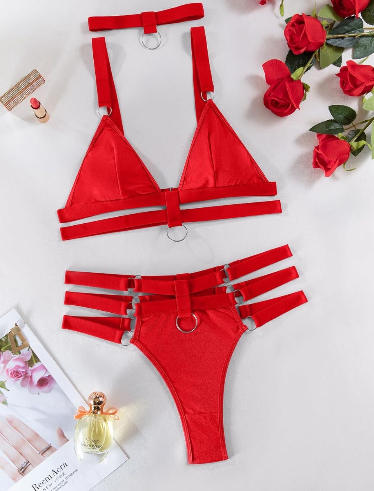 Red Wireless O Ring Linked Strappy Harness Lingerie Set Outfit