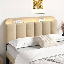 Adjustable Headboard for Full/Queen Size Bed Frame, Linen Fabric Bed Headboard with Storage & RGB LED Light in Modern Vertical Channel Design, Beige