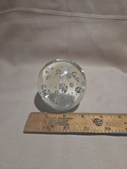 Clear Round Glass 3” Paperweight W/Controlled Bubbles
