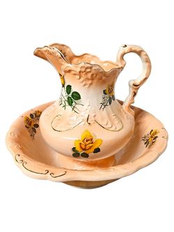 Antique 1930s Ironstone ENGLAND Signed Large Floral Water Pitcher & Wash Basin