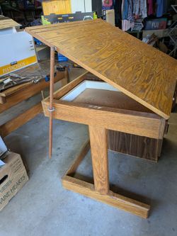 CUSTOM HAND-BUILT OAK DESK with TILTING DRAFTING TABLE and FILE CABINET