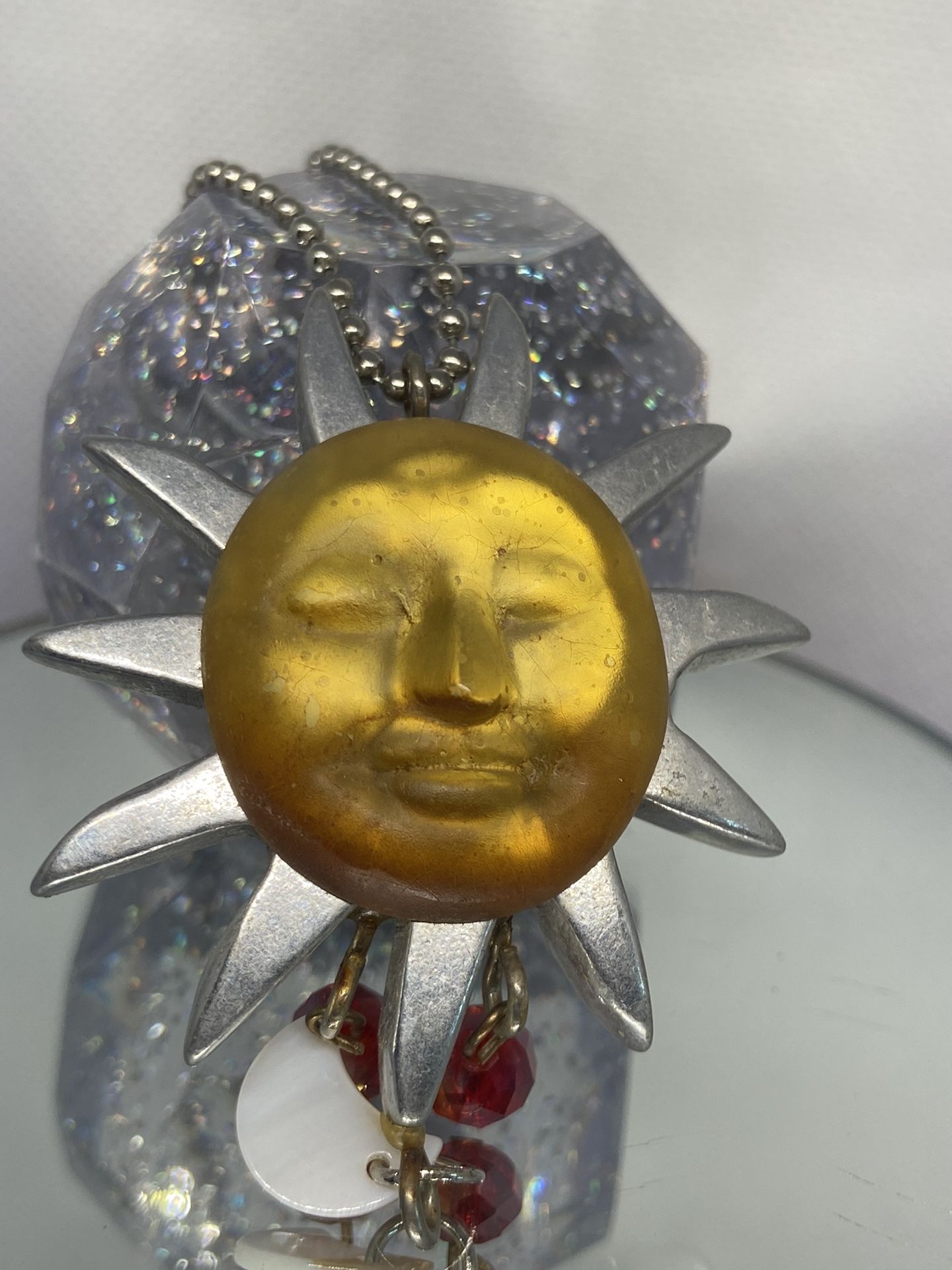 Vintage Amber Sun Face Silver Tone Necklace 