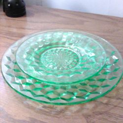 Vintage Green Uranium Glass Bread Plate & Saucer Jeanette