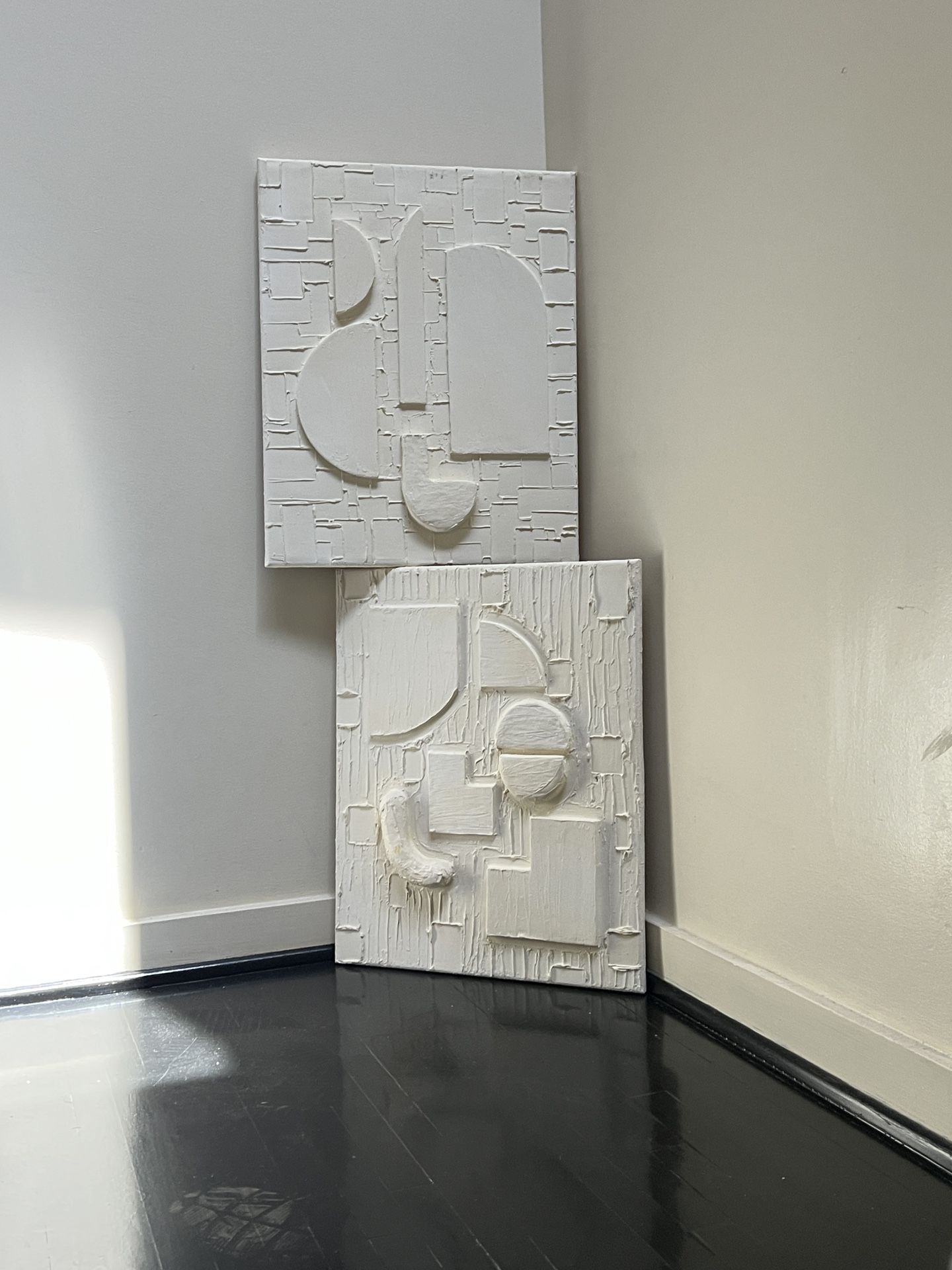 Set of 2 Handmade 16x20” White Textured Plaster Canvas Wall Art Original Wabi-Sabi Style Relief Sculpture Decor