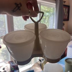 Vintage Tupperware Condiment Caddy – Trio Server with Lids & Handle – 1970s Party Set