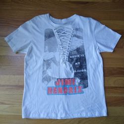 Retro Jimi Hendrix Music Is My Religion Ladies T-Shirt Lace up Chest , Size Ladies Adult Small ( Negotiable On Price)