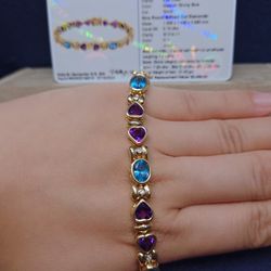 One 14k Yellow Gold Amethyst.blue Topaz And Diamond Bezel Bracelet With Silde Insert Clasp