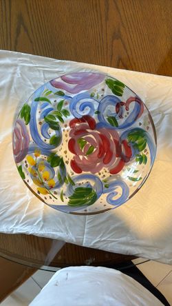Cuenco O PDe Vidrio Pintado A Mano Con Diseño Floral Y Remolinos Azules De Finales Del Siglo XX , Es Una Pueda De Colección Por Su Diseño floral