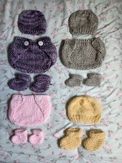 Hand-Knitted Baby Diaper Covers, Hats, Booties (Pack of Four)