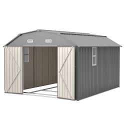 10x12 FT Gray Outdoor Storage Shed, Heavy Duty Rust-Resistant Steel Tool Shed with Floor Frame Kit