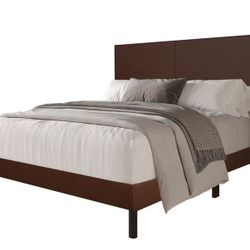 NEW IN BOX Brown Faux Leather Platform Bed Frame in King, Queen, Full & Twin Size