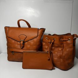 Women's Leather Backpack, Ladies Shoulder Bag, Fashion Faux Leather Work Shoulder Bag, Brown Set 3 pieces