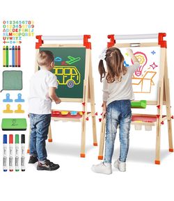 Kids Wooden Easel with Paper Roll - Adjustable Magnetic Double Sided Drawing Board Whiteboard