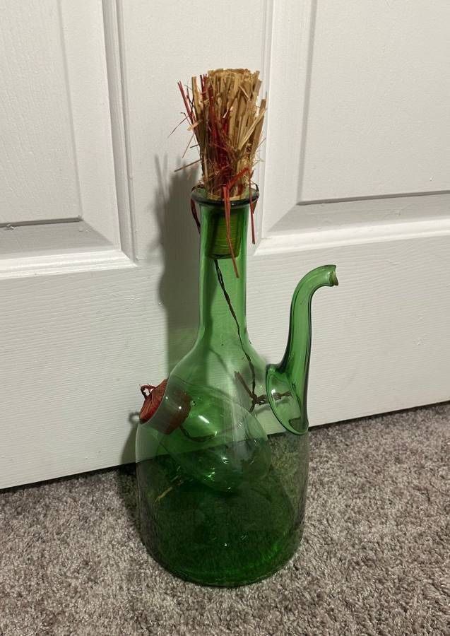 Vintage Hand Blown Italian Green Glass Wine Decanter Carafe With Ice Chamber Chiller And Stoppers