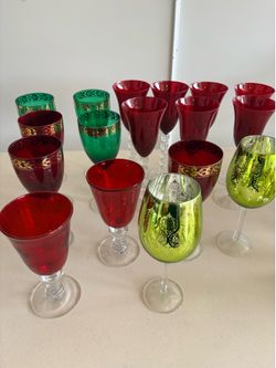 Beautiful Gold Trim  Wine Glasses Red Green Holiday. $2 each.