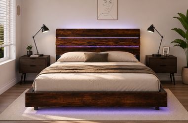 Brand New Queen Size Floating Bed Frame – Walnut Finish with LED & Charging Station