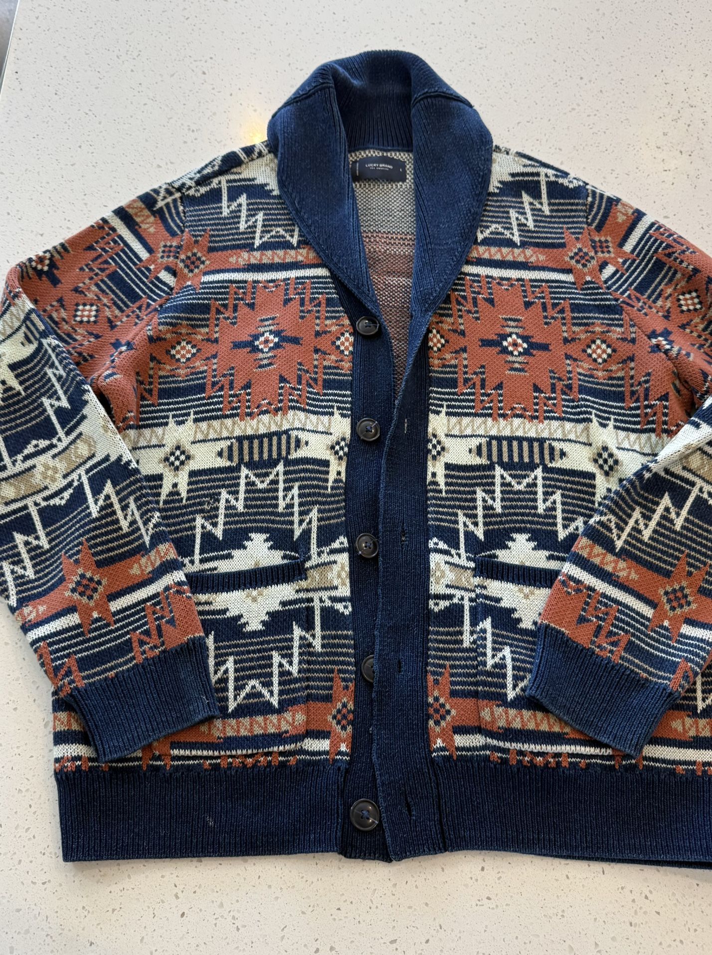 L Lucky Brand Southwestern Print Shawl Cardigan Aztec Tribal Mens Chunky Heavy