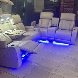 New 2PC Beige Power  Recliner Sofa Set With LED