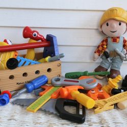 Kids Toy Tool Set with Many Accessories and Vintage Bob The Builder Plush Doll (Hammers, Wrenches, Screwdrivers, Nuts & Bolts, Wooden Tool Box, Etc.)
