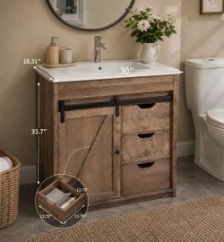 30 in. Single Sink Freestanding Antique Oak Bath Vanity with White Ceramic Top and Sliding Barn Door Unassembled