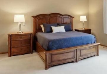 Queen, wooden bed frame, and two nightstands