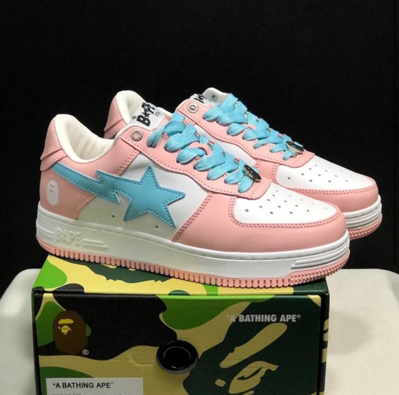 Pink and blue colorway Bapestas Bape x Nike