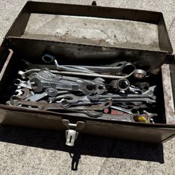 Vintage Tool Box Full Of Wrenches 
