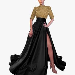 Sparkly Sequin Prom Dresses Long Ball Gown High Neck Half Sleeve Satin Formal Evening Gowns with Slit