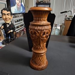 Vintage 1970's Hand Carved Wooden Vase Urn Centerpiece Rustic Decor 9.75" Tall 