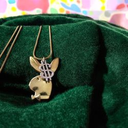(16, 18”, 20” or 22”)18K Gold Plated Necklace with Playboy Bunny Pendant and Stainless Steel Dollar Sign