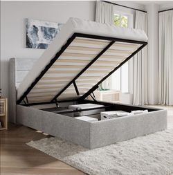 Queen Size Lift Up Hydraulic Storage Bed Frame Light Grey Read Description