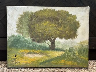 Antique c1940s Meadow Landscape Oil Painting with Tree signed "ViJean" #1