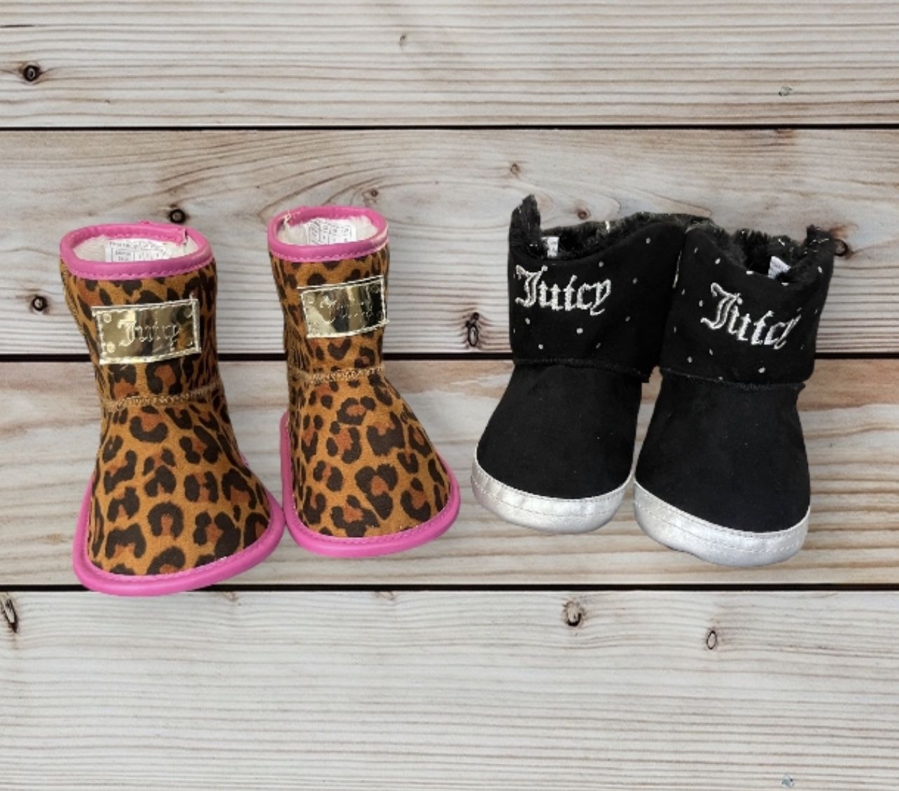 2 Pairs  JUICY COUTURE BLACK FAUX FUR BOOTIES CRIB SHOES SZ 3 Pink Size 4
