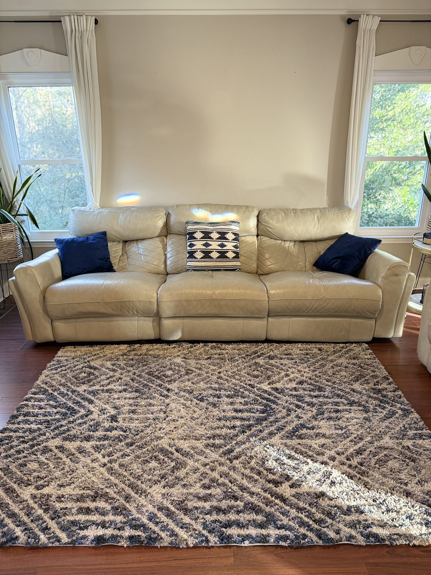 Reclining Cream Leather Sofa & Chair