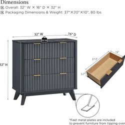 Fluted 3 Drawers Nightstand, Oversized Extra Large Modern Side Table with Faux Marble Top, End Table Bedside for Bedroom, Living Room, Curved Profile 