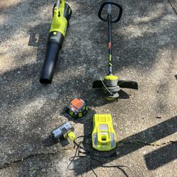 RYOBI ONE+ HP 18V 15 in. String Trimmer 510 CFM Leaf Blower 4.0 Ah Battery Charger 140