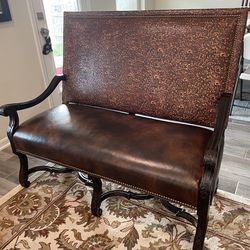 Genuine Embossed Leather & Wooden Bench With Arms & Back
