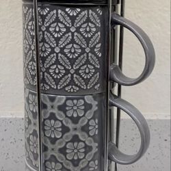 Set of 4 Ceramic Stackable MUGS Coffee or Tea Cups + Storage Rack