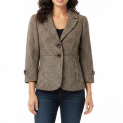 Ann Taylor Brown Houndstooth Wool Blend Blazer Jacket 3/4 Sleeve Size 6